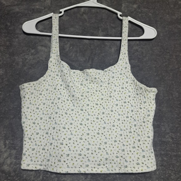 American Eagle Outfitters Tops - American Eagle Floral Ribbed Crop Tank Top White Blue Yellow Large Cottagecore